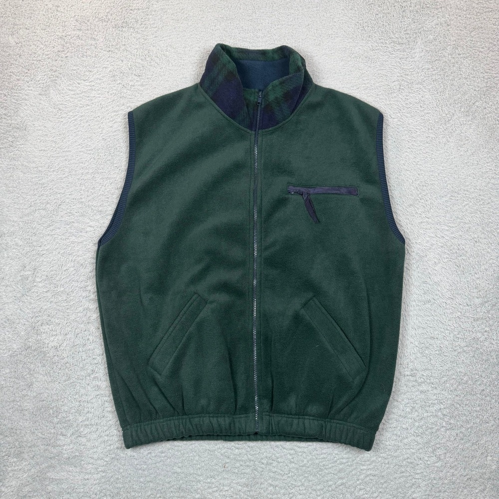 Vintage Orvis Mens Full Zip Fleece Vest Forest Green Plaid Collar Mock Neck XL